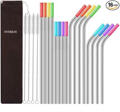 China Drinkware Set of 16 Reusable Stainless Steel Straws with Travel Case Cleaning Brush Silicone Tips Eco-Friendly Extra Long Metal Straws for sale