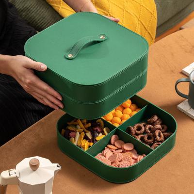 China Sustainable Northern Europe Style Square Round Double Layer Leather Single Triple Compartment Divided Jewelry Food Storage Containers With Lid for sale