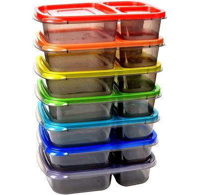 China Viable Reusable Plastic Divided Storage Bento Food Container 3 Compartments 7 Pack Meal Prep Containers For Lunch Box for sale