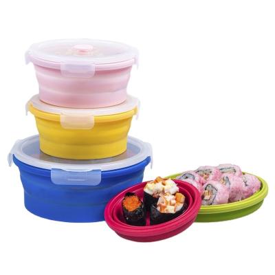 China 350ml Pink Color Silicone Folding School Lunch Box Frozen Round Food Container Viable For Home for sale