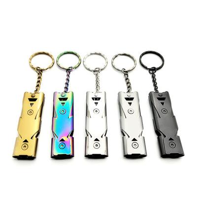 China High Quality Outdoor High Pitch Double Pipe Dual Tubes Stainless Steel Metal Emergency Survival Whistle Cheerleading Key Chain Cheerleading Whistle for sale