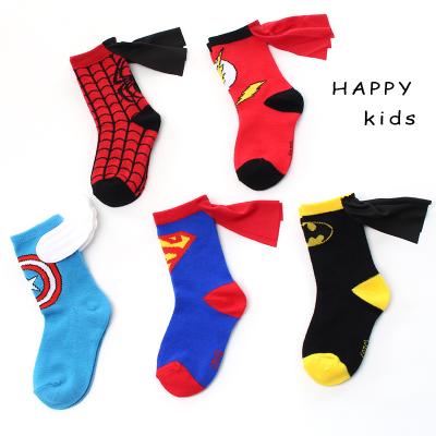 China SX Cartoon Superhero Marvel Cotton Crew Boy Antibacterial Wholesale Customized Cool Socks For Kids Cloak Wing Funny Hero Girls Unisex Socks for sale