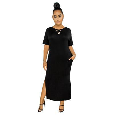 China Anti-wrinkle Summer Plus Size Maxi Slit O Neck Short Woman Fashionable Sleeve Dress With Slit For Women for sale