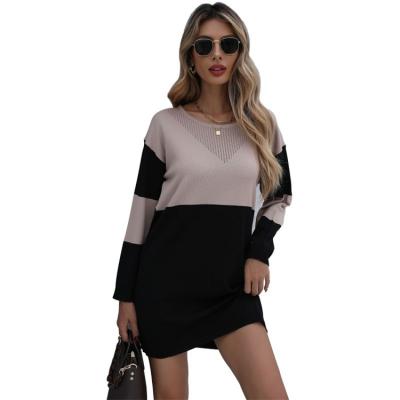 China New Breathable Autumn Color Stitching Sweater Around The Neck Black White Knitted Dress Sweater Dresses for sale