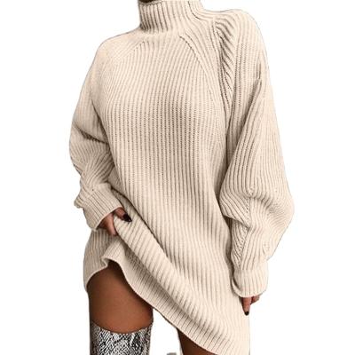 China Solid Breathable Knitted Dresses Autumn Winter Loose Knitted Turtle Neck Long Sleeve Sweater Dresses for sale