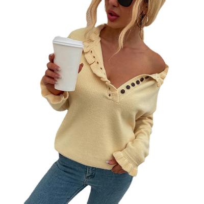 China Breathable Women Fall Regular Sweater Casual Long Sleeve Knit Sweater Button Blouse Women Knitted Sweater for sale