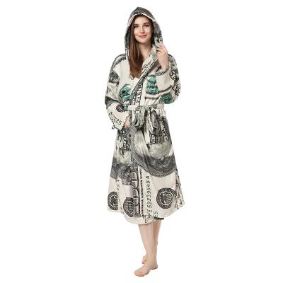 China Soft QUICK DRY flannel bathrobe printed long robe knee length flannel ladies warm bathrobe home nightgown for sale