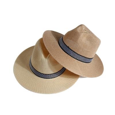 China Wholesale Striped Summer Straw Cap Hat Solid Color Breathable Sun-proof Outdoor Short Brim Net Panama Hat for sale