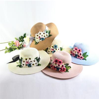 China Cute Straw Hat Bow Knot Beach Foldable Straw Hat Sun Visor Round Flower Wide Brim Striped Cute for sale