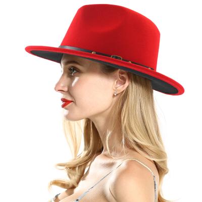 China Comfortable Luxury Wide Brim Fedora Women Flat Straight Hat Red And Black Brim Hat for sale