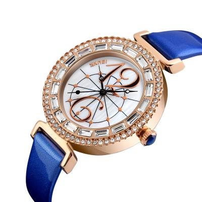 China Lady Luxury Watch SKMEI 9158 Japan latest day/date movt quartz fancy watch with leather band stainless steel back 3atm waterproof for sale