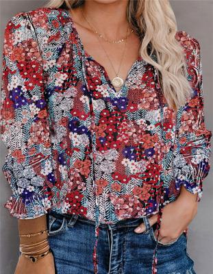 China Fashion New Arrival Chiffon Fabric Women's Anti-pilling Blouse Ladies Chiffon Fabric Floral Print Top Shirt for sale