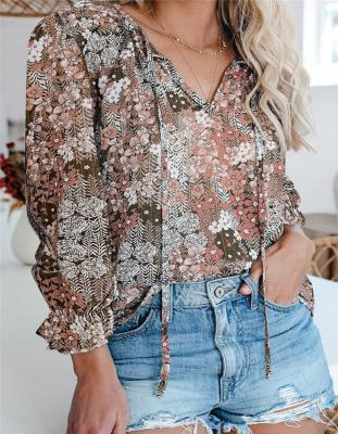 China Anti-pilling Tops For Women Casual Floral Shirts Lady Puffy Long Sleeve Womens Blouse Custom Design Printing Blouses for sale