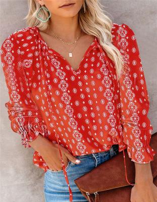 China Anti-pilling 2021 Autumn Ladies Office Chiffon Tops And Floral Long Sleeve Blouses Shirt Women for sale