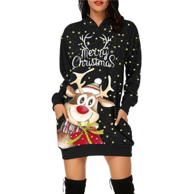 China Anti-Static Hooded Pocket Mid Length Long Sleeve Print Christmas Long Sleeve Women's Dress for sale