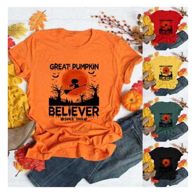 China Sustainable HalloweenPUMPKINWitch Apparel Short Sleeve Round NeckTWomen T-Shirt for sale