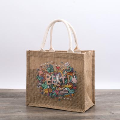 China Wholesale Letter Design Plain Printed Jute Plain Handled Natural Eco Friendly Custom Bags Burlap Shopping Bag Large Letter Design Bag for sale