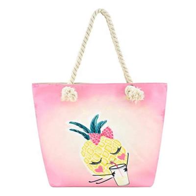 China Large Canvas Beach Travel Tote Bag Waterproof Pink Handled Shoulder Bag With Cotton Rope Handle for sale