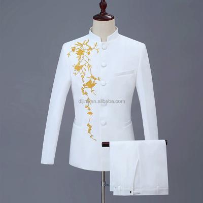 China Anti-Wrinkle Ready To Ship White Single Breasted Polyester Mandarin Collar 2pcs Suit For Men for sale