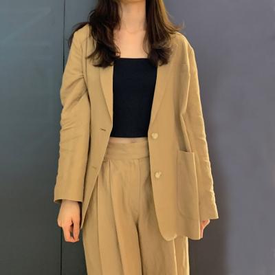 China Breathable Ready to Ship Fashion Oversized Canvas Women Blazer Summer Street Office Ladies Service Female ODM Blazer Jacket and Pant Set OEM for sale