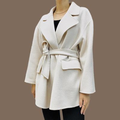 China 2021 New Design Anti-wrinkle Ladies Winter Wear Fashion White Short Notched Women's Sash Collar Wool Handmade Coat for sale