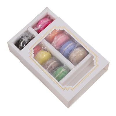 China Recycled materials in stock white card gilded transparent type chocolate cookie packaging box Macaron box plastic transparent drawer window for sale