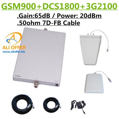 China 65dB GSM DCS 3G 900 1800 2100 MHz Tri Band Cellular Phone Signal Booster Repeater Amplifier+LPDS+Panel Antenna+15m 7D-FB for sale