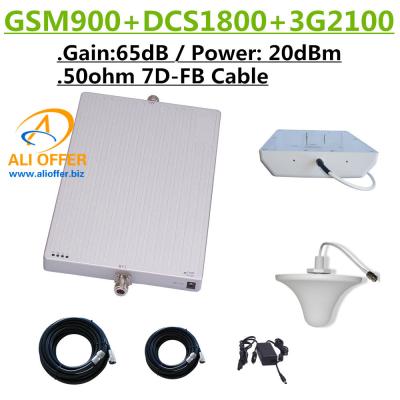 China 20dBm GSM DCS 3G 900 1800 2100 MHz TriBand Mobile Phone Signal Booster Repeater Amplifier+Panel+Dome Antenna+15m 7D-FD for sale