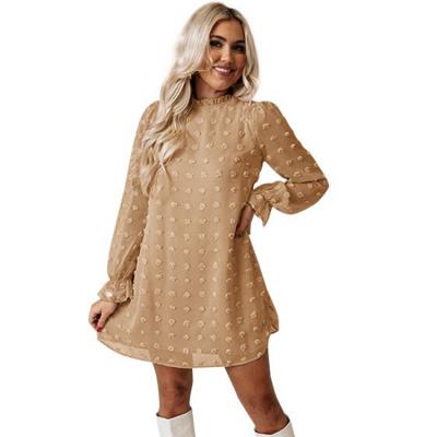 China Latest Breathable Comfortable Spring Bubble Sleeve Chiffon Jacquard Based Khaki Long Women Dress for sale