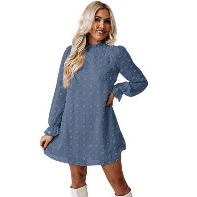 China Breathable Cute Soft Comfortable Bubble Long Sleeve Chiffon Jacquard Based Haze Blue Women Dress for sale