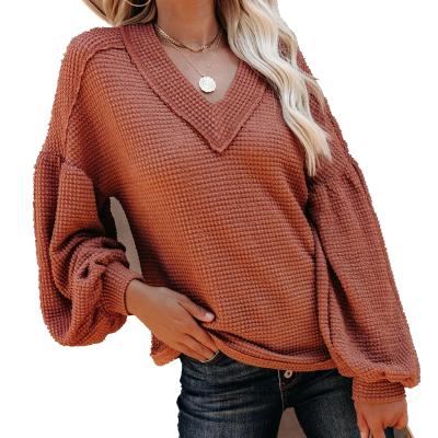 China Soft Fashion Elegant Loose V-Neck Lantern Sleeve Comfortable Knit Caramel Women Sweater for sale