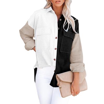 China Soft Popular Autumn Winter Splicing Oversize Cozy Button Gray And Blue Women Shirt Coat for sale