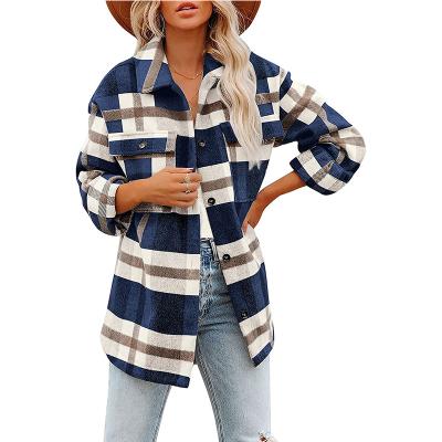 China Autumn And Winter Breathable Flannel Popular Women Checked Button Shirt Coat With Big Pockets for sale