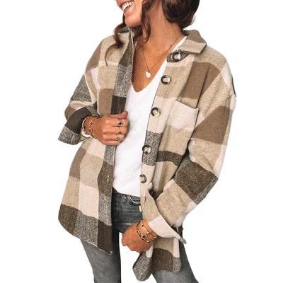 China Women Winter Popular Soft Comfortable Flannel Plaid Single Breasted Shirt Coat Khaki for sale