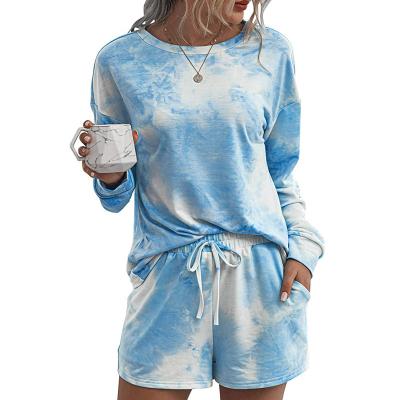 China Breathable Women's Tie Dye Printed Pajamas Set Long Sleeve Tops With Shorts Lounge Set Casual Two Piece Sleepwear for sale