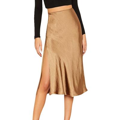 China Women's Breathable Party Sexy Satin Split Side Base Zipper Waist Midi Midi Skirt for sale