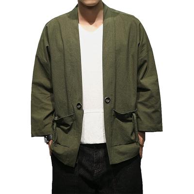 China Mens Cotton Blend Breathable Canvas Cardigan Embroidered Kimono Jacket for sale