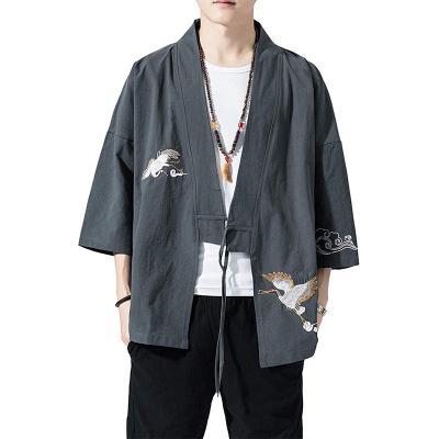 China Casual Cotton Men's Canvas Jacket Cardigan / Kimono Light Weight Cotton Blended Canvas Seven-sleeve Front Open Jacket for sale