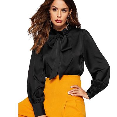 China Solid Elegant Bow Tie Women's Anti-Pilling Printing Long Sleeve Work Office Blouse Tops for sale