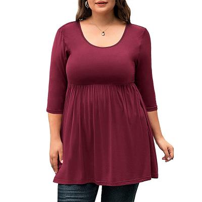 China Doll Size Breathable Three Quarter Sleeves Women's XL Round Neck Blouse Loose Pleated Overflowing T-Shirt for sale