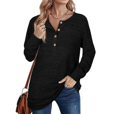 China Anti-Wrinkle Women's Tunic Top Comfortable Button Long Sleeve Top With Pockets V-Neck Henley Top for sale