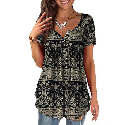 China Anti-Pilling Women's XL Henley Shirt Floral V-Neck Short Sleeve Shirt Tunic for sale