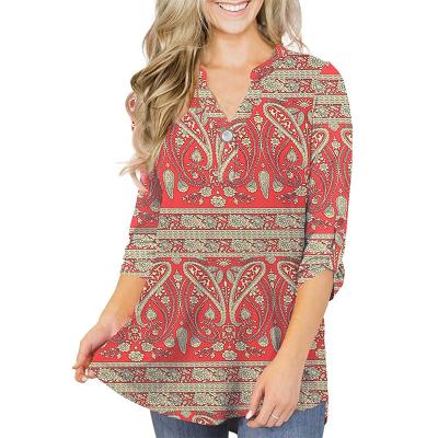 China Fashion Breathable Hot-selling Women Plus Size Tunic Top 3/4 Roll Sleeve V-Neck Henley Shirt for sale