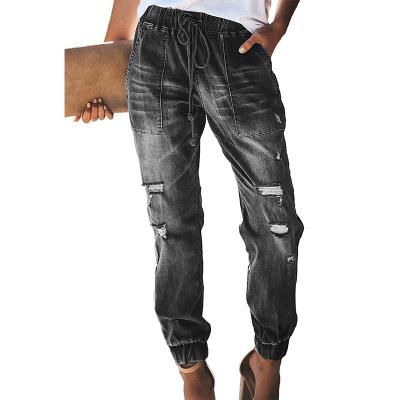 China Women's Fashion Breathable Hot Sale Distressed Denim Pants Waist Elastic Jogging Stretch Pants Can Be Customized for sale