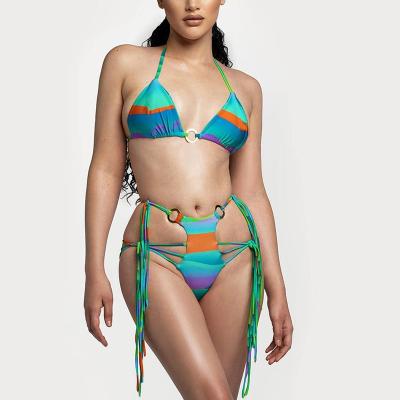 China Sexy viable halter neck swimsuit rainbow gradient colors cutout swimsuit high waist bikini set two piece for sale