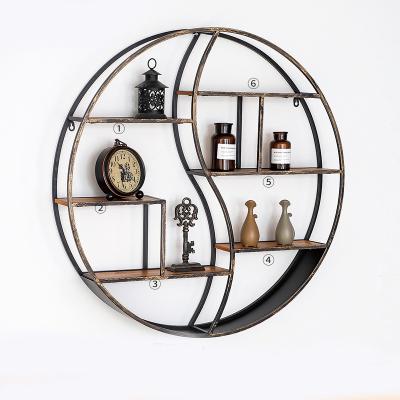 China Displaying Goods New Product Round Shape Rustic Wood Metal Gold Floating Shelves Decorative Wall Shelf for sale