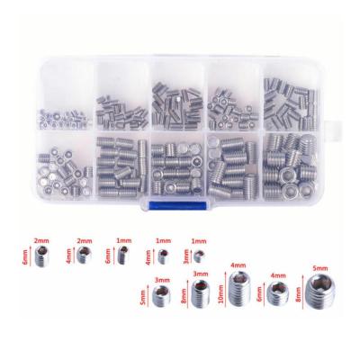 China 200pcs Stainless Steel Hexagon Socket Hex Worm Flat Screws with Concave End Flat Head Setting Screw Assortment Kit for sale