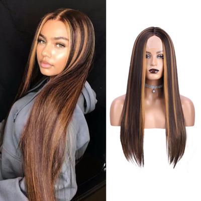 China Synthetic Hair Wigs With Straight Highlight Heat Resistant Brown Ombre Blend Lace Front Synthetic Wig Extension Long For Color Women Lace Front Synthetic Hair Wigs for sale