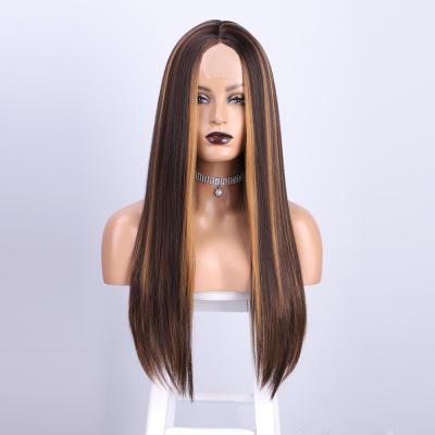 China High Quality Vigorous Silky Straight Synthetic Fibe Wig Highlights Full Brown Heat Resistant Long Wig Wave Headband Lace Up Straight Hair for sale