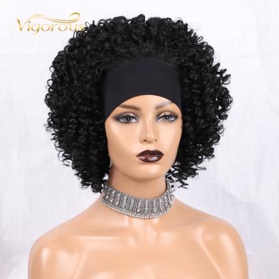 China Wholesale Cheap Attached Curly Synthetic Headwrap Afro Fiber Black 1B Spring Hair Band Wigs For Black Women for sale